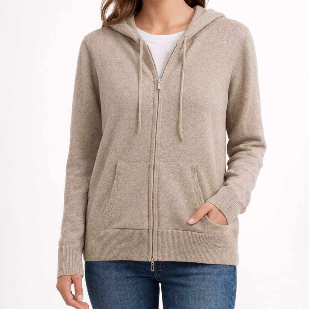 JENNIE LIU 100% Cashmere Long Sleeve Zip Cardigan Hoodie Beige NEW without tags